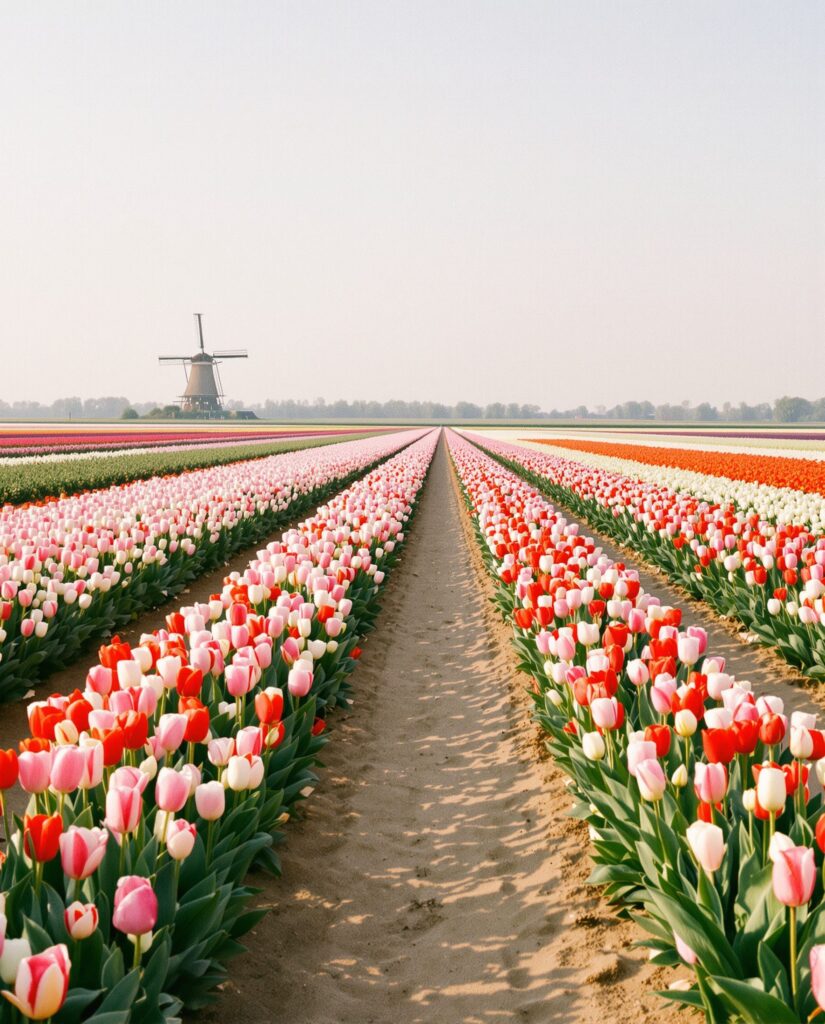 Tulpenvelden met een molen op de achtergrond