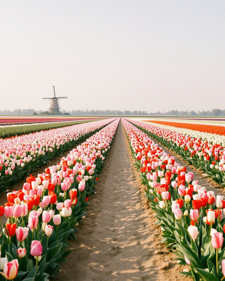 Tulpenvelden met een molen op de achtergrond